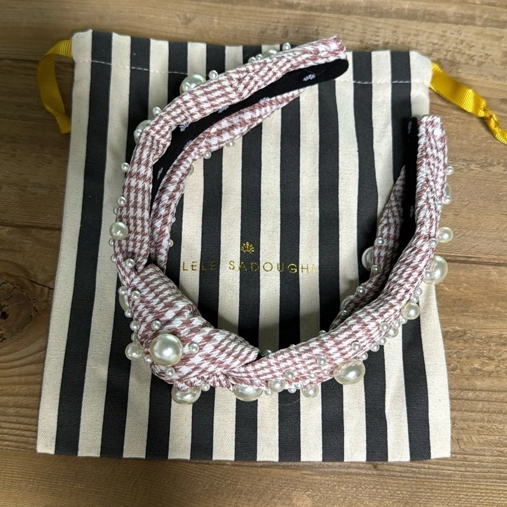 Lele Sadoughi Headband Pink and White Houndstooth w mixed pearl colored beads
